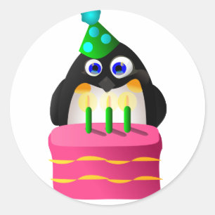 Birthday Penguin With Cake Classic Round Sticker