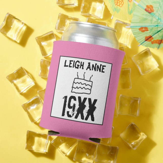 Birthday Personalise Born in Custom Date Year Pink Can Cooler (In Situ Summer)