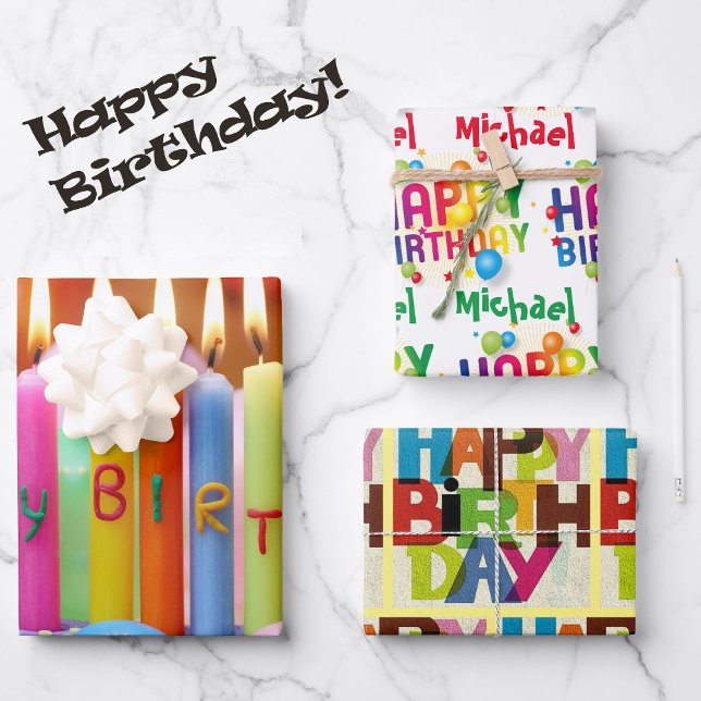 Birthday Personalise Name Happy Colourful 3 Gift  Wrapping Paper Sheet (Creator Uploaded)
