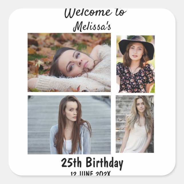 Birthday Personalised 4 Photo Collage Square Sticker (Front)
