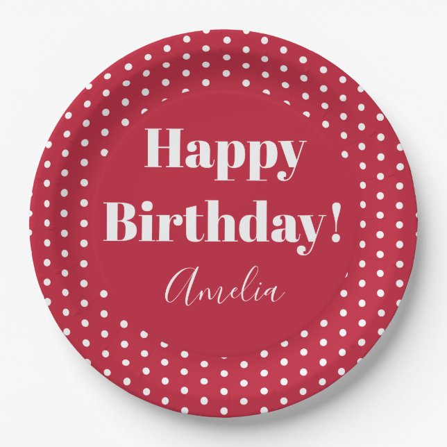 Birthday Personalised Happy Birthday Red Polka Dot Paper Plate (Front)