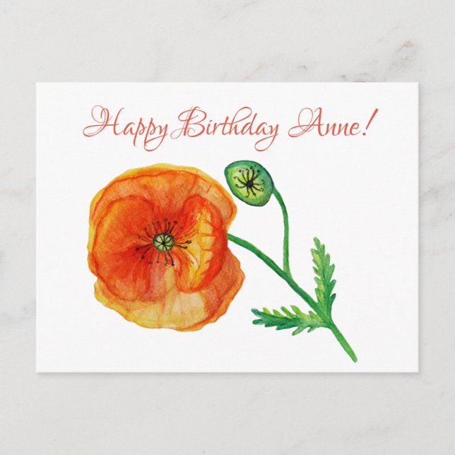 Birthday Personalised Poppy Flower  Postcard (Front)