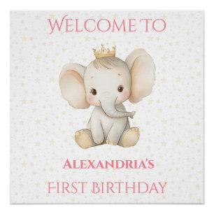  Birthday Personalised Princess Elephant Welcome Poster