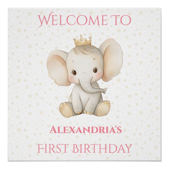  Birthday Personalised Princess Elephant Welcome Poster (Front)