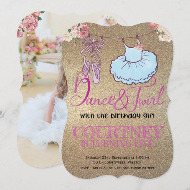 Birthday Photo Ballerina gold glitter Invitation (Front/Back)