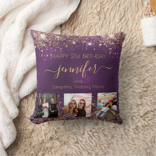 Birthday photo best friend purple gold names cushion