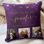 Birthday photo best friend purple names BFF Cushion<br><div class="desc">A gift from friends for a woman's 21st birthday, celebrating her life with 3 of your photos of her, her friends, family, interest or pets. Personalise and add her name, age 21 and your names. Golden coloured letters. A chic feminine purple background colour. The purple colour is uneven. Decorated with...</div>