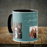 Birthday photo best friends names green cyan mug<br><div class="desc">A gift from friends for a woman's 21st birthday, celebrating her life with 3 of your photos of her, her friends, family, interest or pets. Personalise and add her name, age 21 and your names. A green, dark cyan coloured background. Her name is written with a modern hand lettered style...</div>
