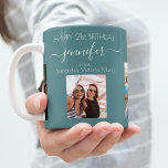 Birthday photo best friends names green dark cyan coffee mug<br><div class="desc">A gift from friends for a woman's 21st birthday, celebrating her life with 3 of your photos of her, her friends, family, interest or pets. Personalise and add her name, age 21 and your names. A green, dark cyan coloured background. Her name is written with a modern hand lettered style...</div>