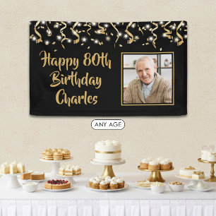 Birthday Photo Black Gold Confetti Streamers Banner