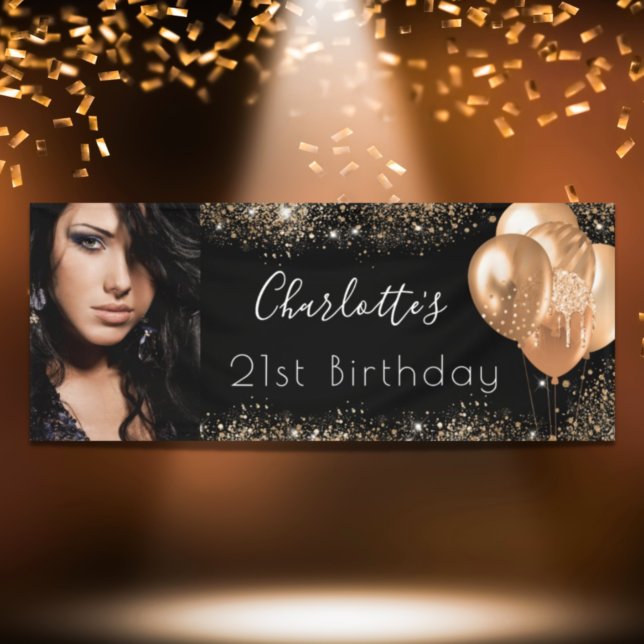 Birthday photo black gold glitter dust name script banner (Creator Uploaded)