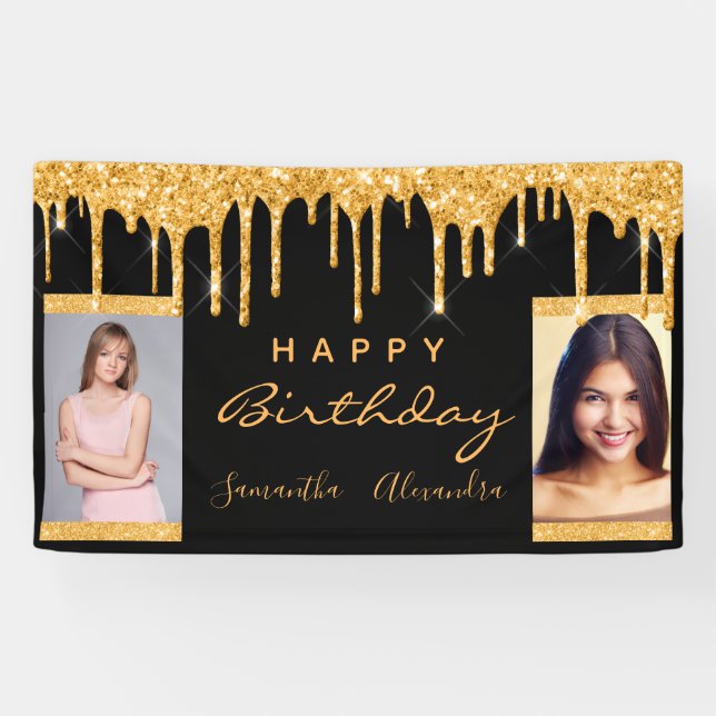 Birthday photo black gold glitter friends twins banner (Horizontal)