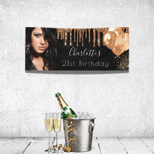 Birthday photo black gold glitter monogram banner