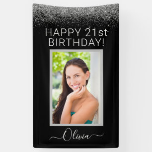 Birthday Photo Black Silver Glitter Girly Banner