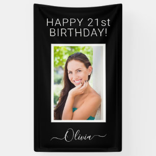 Birthday Photo Black White Script Girly Banner