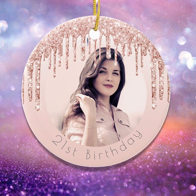 Birthday photo blush pink rose gold glitter ceramic tree decoration (Creator Uploaded)