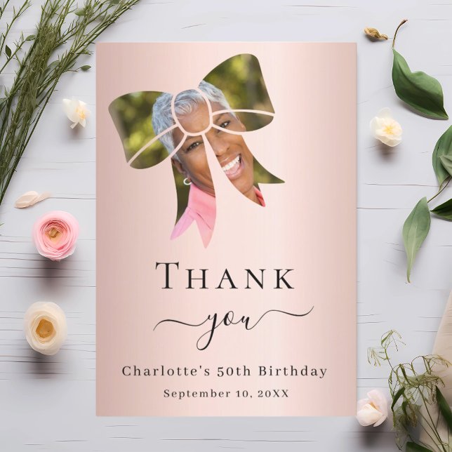 Birthday photo bow rose gold thank you card (Creator Uploaded)