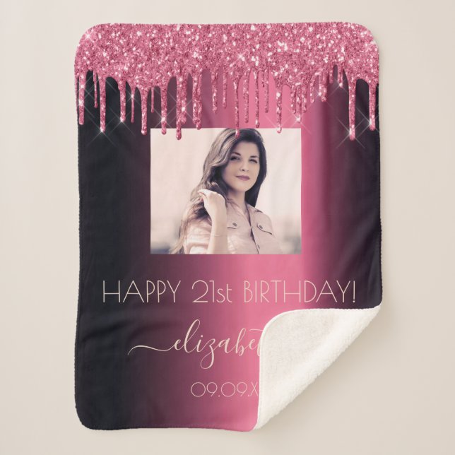 Birthday photo burgundy glitter pink girl sherpa blanket (Front)