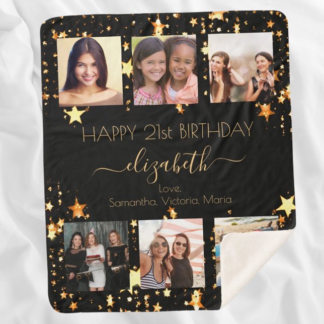 Birthday photo collage black gold best friends sherpa blanket (Creator Uploaded)