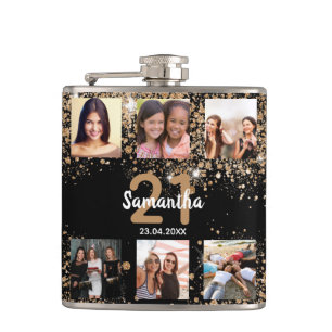 Birthday photo collage black gold glitter name hip flask