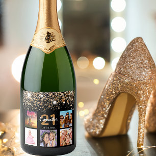 Birthday photo collage black gold glitter name sparkling wine label