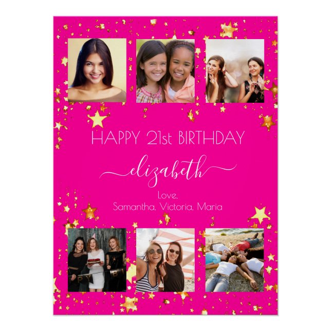 Birthday photo collage hot pink best friends poster (Front)