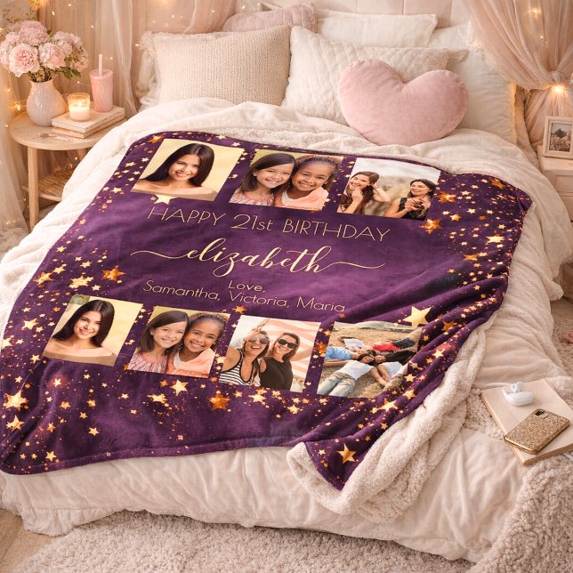 Birthday photo collage purple gold best friends  fleece blanket (Creator Uploaded)