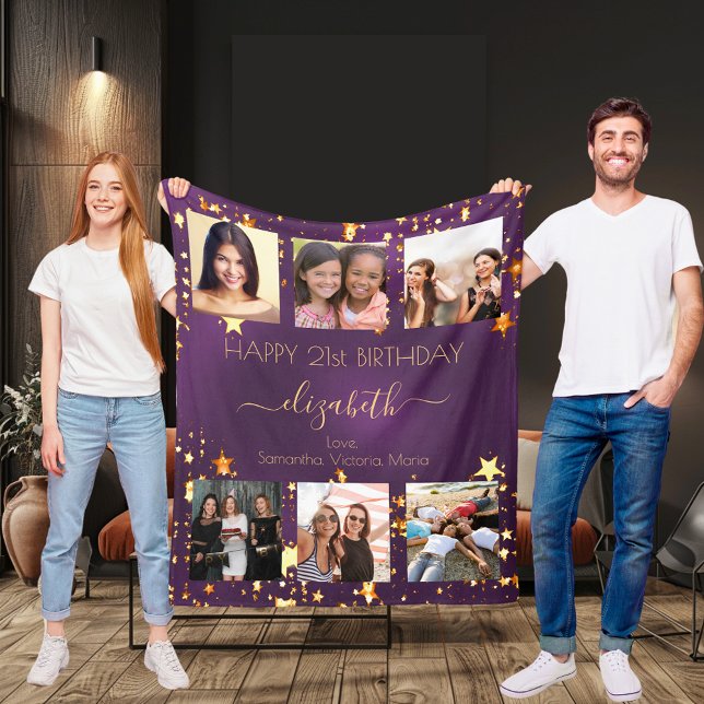 Birthday photo collage purple gold best friends  fleece blanket (Creator Uploaded)