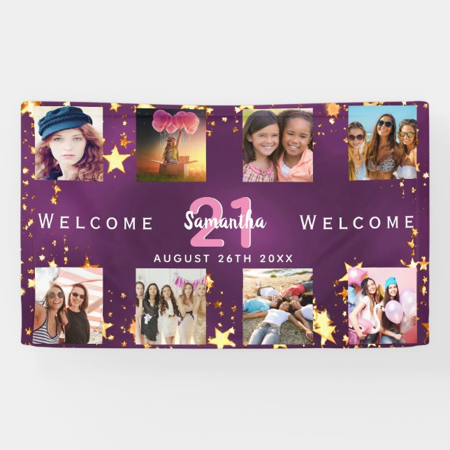 Birthday photo collage purple gold monogram banner (Horizontal)