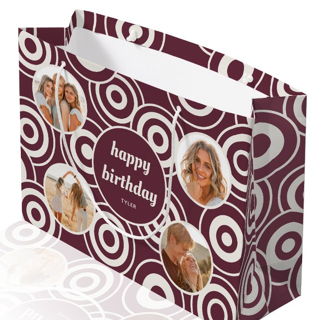 Birthday Photo Collage Retro Circles Burgundy Large Gift Bag (Creator Uploaded)