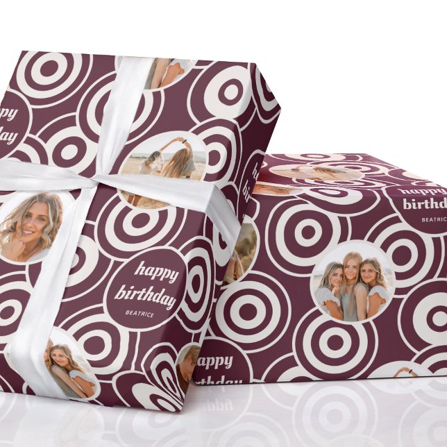 Birthday Photo Collage Retro Circles Burgundy Wrapping Paper (Creator Uploaded)