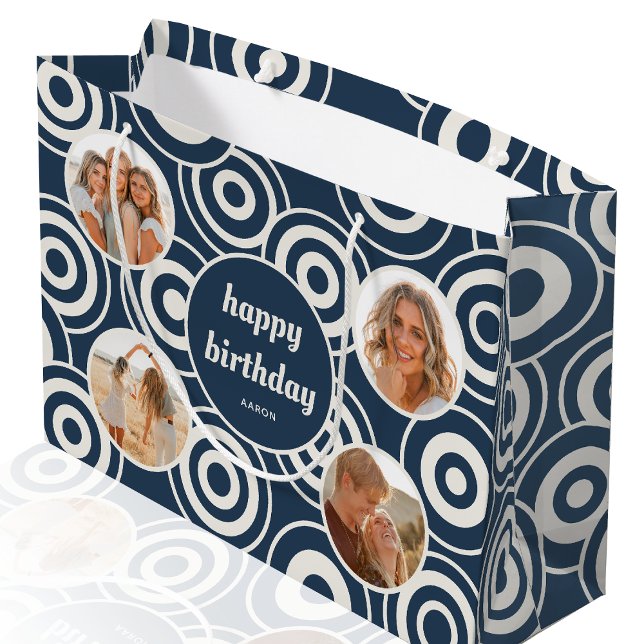 Birthday Photo Collage Retro Circles Dark Blue Large Gift Bag (Creator Uploaded)