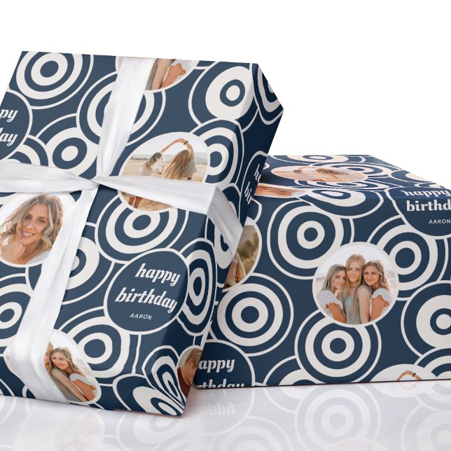 Birthday Photo Collage Retro Circles Dark Blue Wrapping Paper (Creator Uploaded)