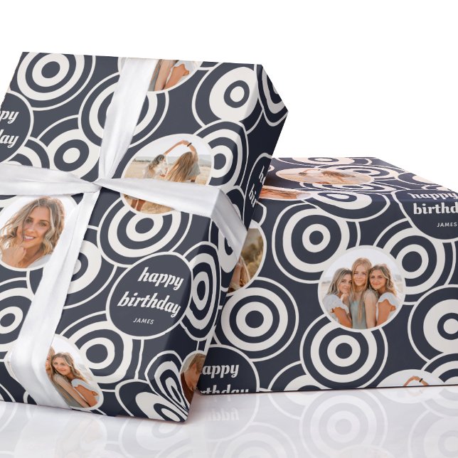 Birthday Photo Collage Retro Circles Dark Grey Wrapping Paper (Creator Uploaded)