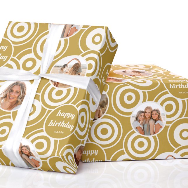 Birthday Photo Collage Retro Circles Mustard Wrapping Paper (Creator Uploaded)