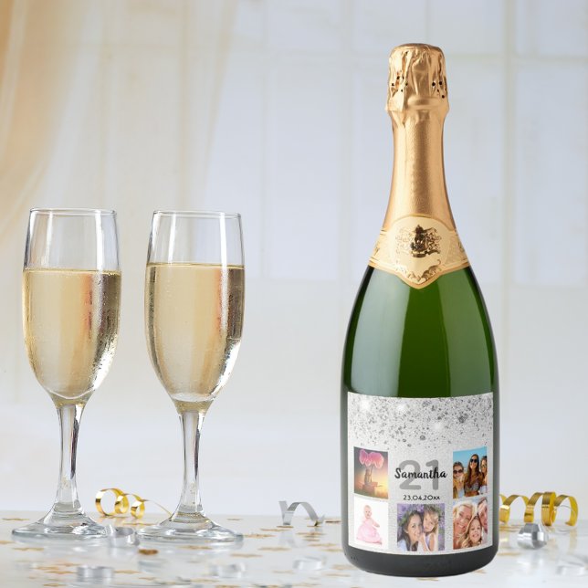 Birthday photo collage silver glitter monogram sparkling wine label (Creator Uploaded)