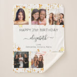 Birthday photo collage white gold friends sherpa blanket<br><div class="desc">A gift from friends for a woman's 21st (or any age) birthday, celebrating her life with a collage of 6 of your high quality photos of her, her friends, family, interest or pets. Personalise and add her name, age 21 and your names. Black text. A chic, classic white background colour....</div>