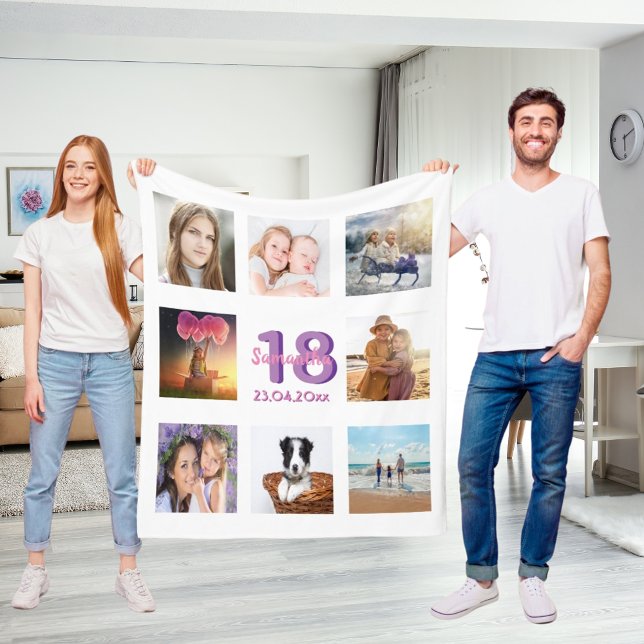 Birthday photo collage white purple name fleece blanket (Creator Uploaded)