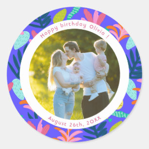 Birthday photo colorful modern floral blue Sticker