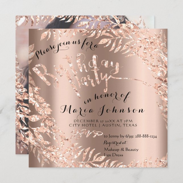 Birthday Photo Floral Framed Rose Gold Royal Invitation (Front/Back)