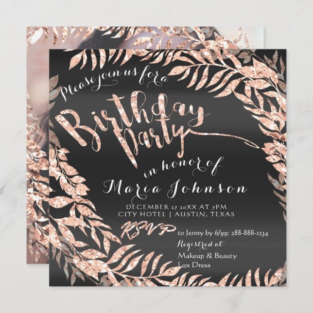 Birthday Photo Framed Rose Gold Black Royal Invitation (Front/Back)