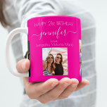 Birthday photo friend names hot pink coffee mug<br><div class="desc">A gift from friends for a woman's 21st birthday, celebrating her life with 3 of your photos of her, her friends, family, interest or pets. Personalise and add her name, age 21 and your names. A trendy hot pink background. Her name is written with a modern hand lettered style script...</div>