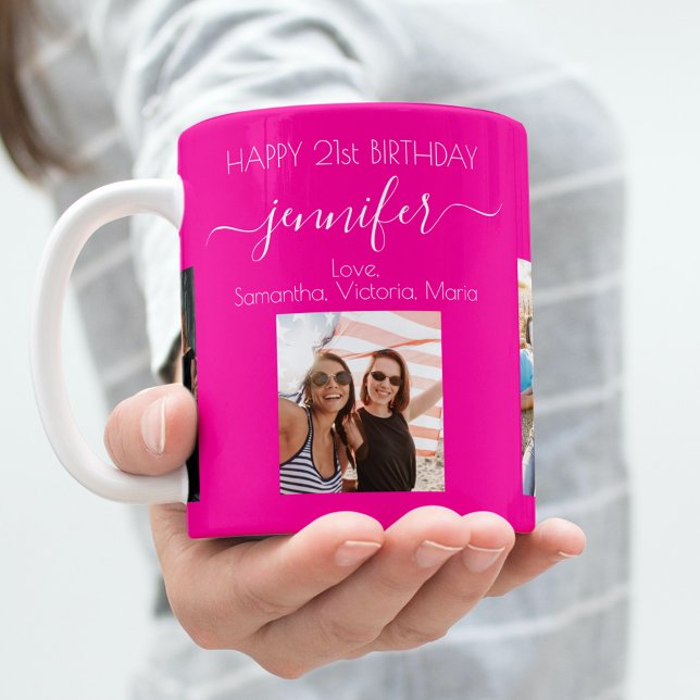 Birthday photo friend names hot pink coffee mug (Creator Uploaded)