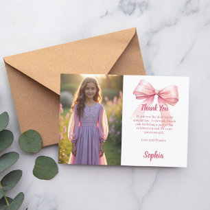 Birthday photo girl pink bow white thank you card