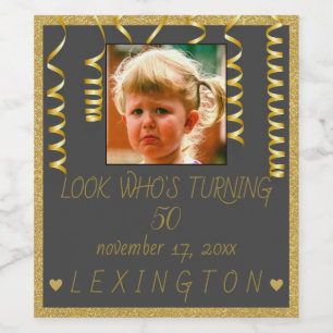 Birthday Photo Gold Glitter Look Champagne or Wine Label