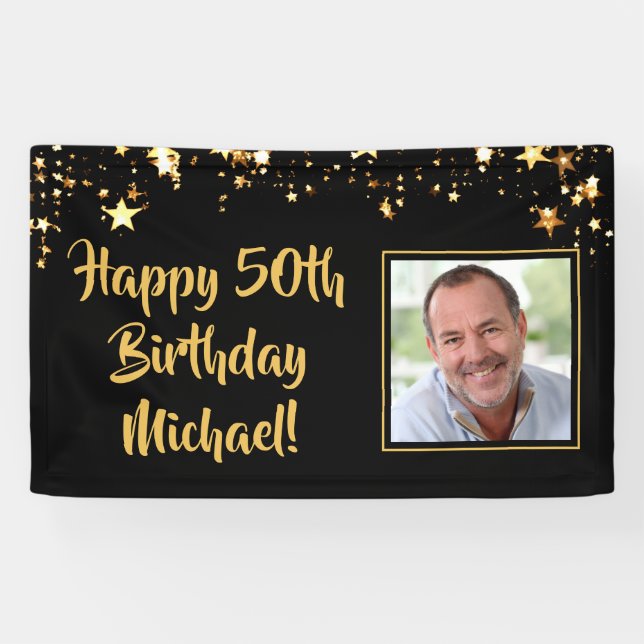 Birthday Photo Gold Stars Custom Colour Banner (Horizontal)