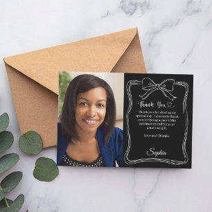 Birthday photo hand-written bow black white thank you card