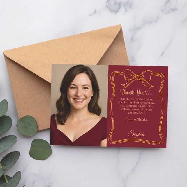 Birthday photo hand-written bow burgundy thank you card (Creator Uploaded)