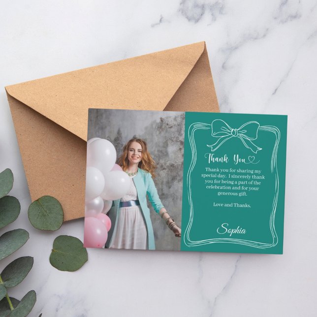 Birthday photo hand-written bow green thank you card (Creator Uploaded)