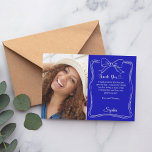 Birthday photo hand-written bow royal blue thank you card<br><div class="desc">A birthday Thank You photo card.  A royal blue background. Decorated with a white hand-drawn bow and frame.  Personalise and add your photo and thank you note.   Thank you with a heart.</div>